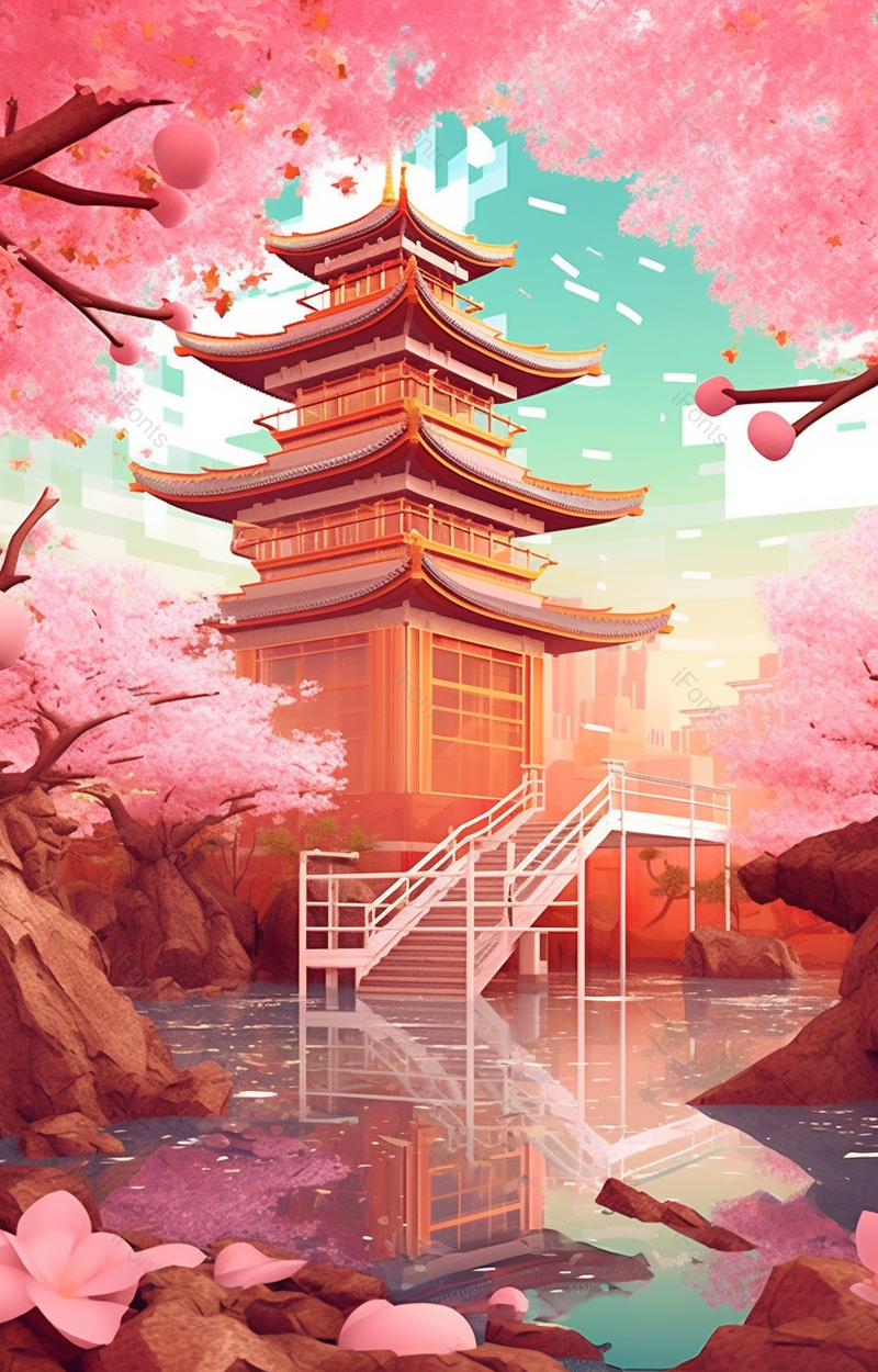 武汉城市高层古风建筑下的楼梯粉色的樱花花瓣飘落在平静的水面唯美景象,插画/手绘图,插画/手绘图库,插画/手绘图下载,插画/手绘